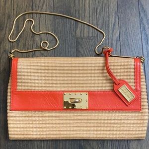 Badgley Mischka straw and orange leather bag